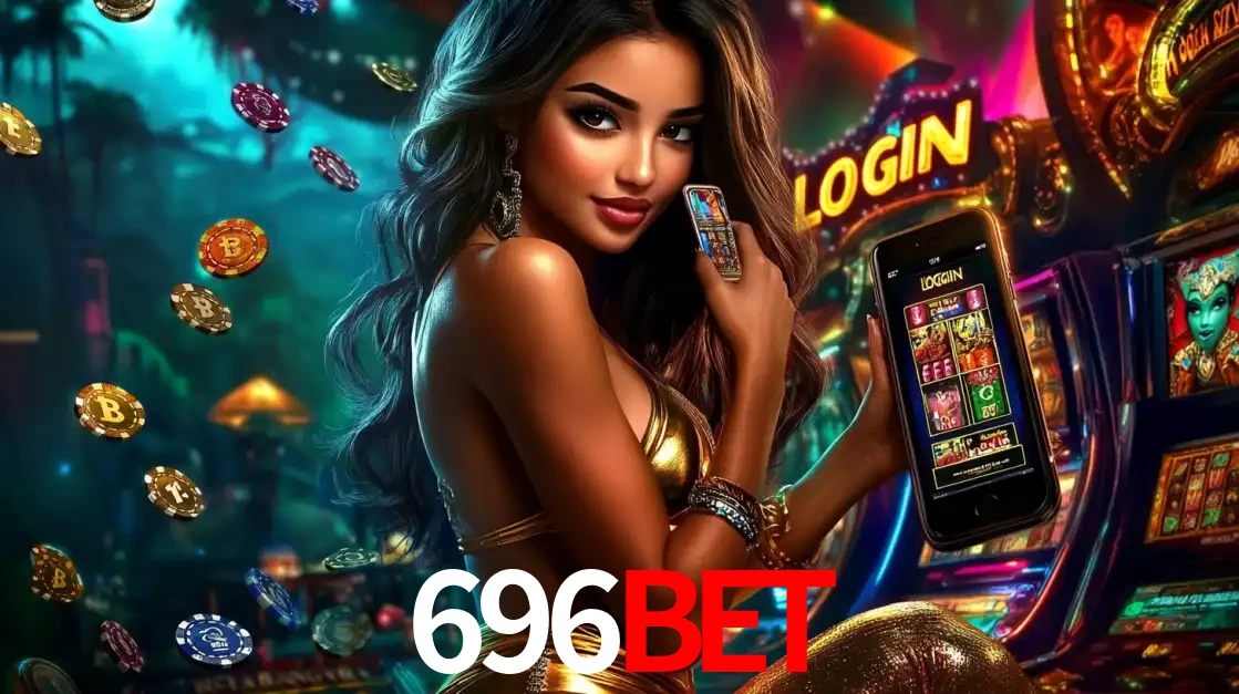 Mulher em um cenário de cassino temático de aventura, mostrando o app de caça-níqueis da 696BET no celular. Fichas de apostas flutuam ao redor.