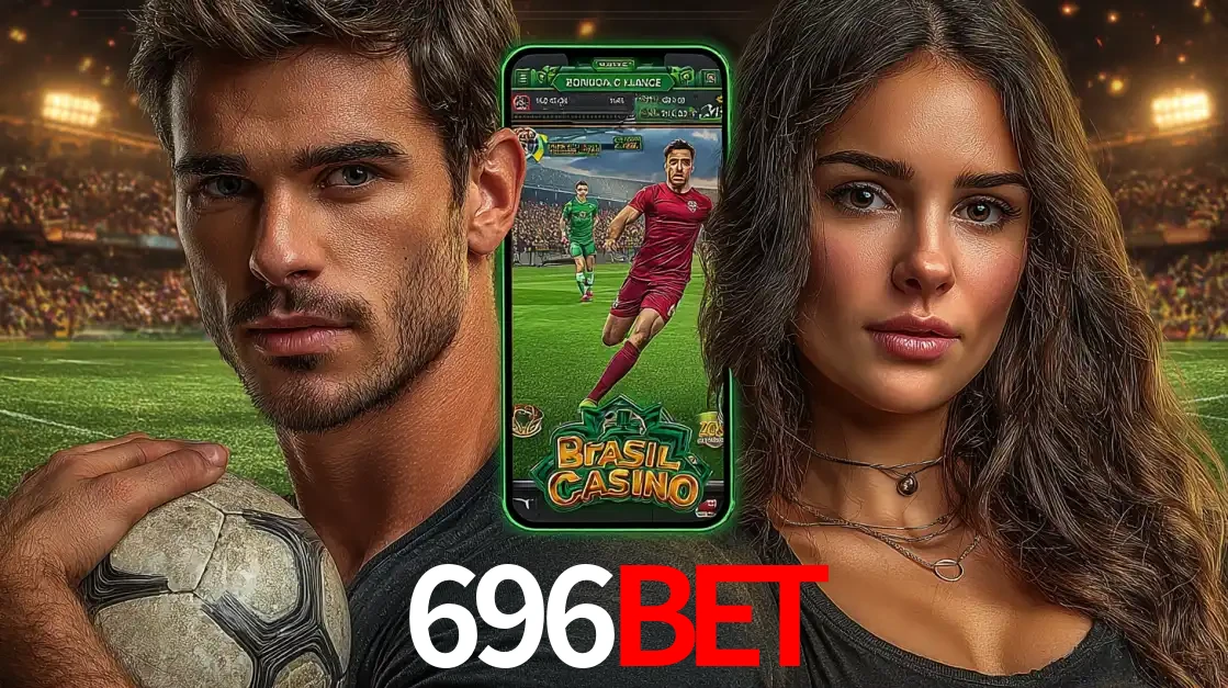 Homem segurando uma bola de futebol e uma mulher ao lado de um smartphone exibindo o jogo de apostas esportivas da 696BET. Faça seu palpite no cassino online.